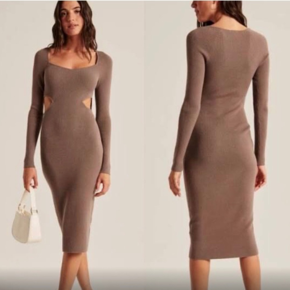 Abercrombie & Fitch Cut Out Ribbed Knit Long Sleeve Midi Dress